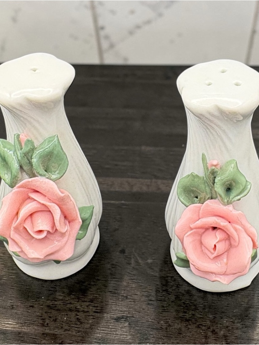 Vintage Porcelain White Salt & Pepper Shakers w/ Molded Pink Rose & Green Leaves - Picture 11 of 12
